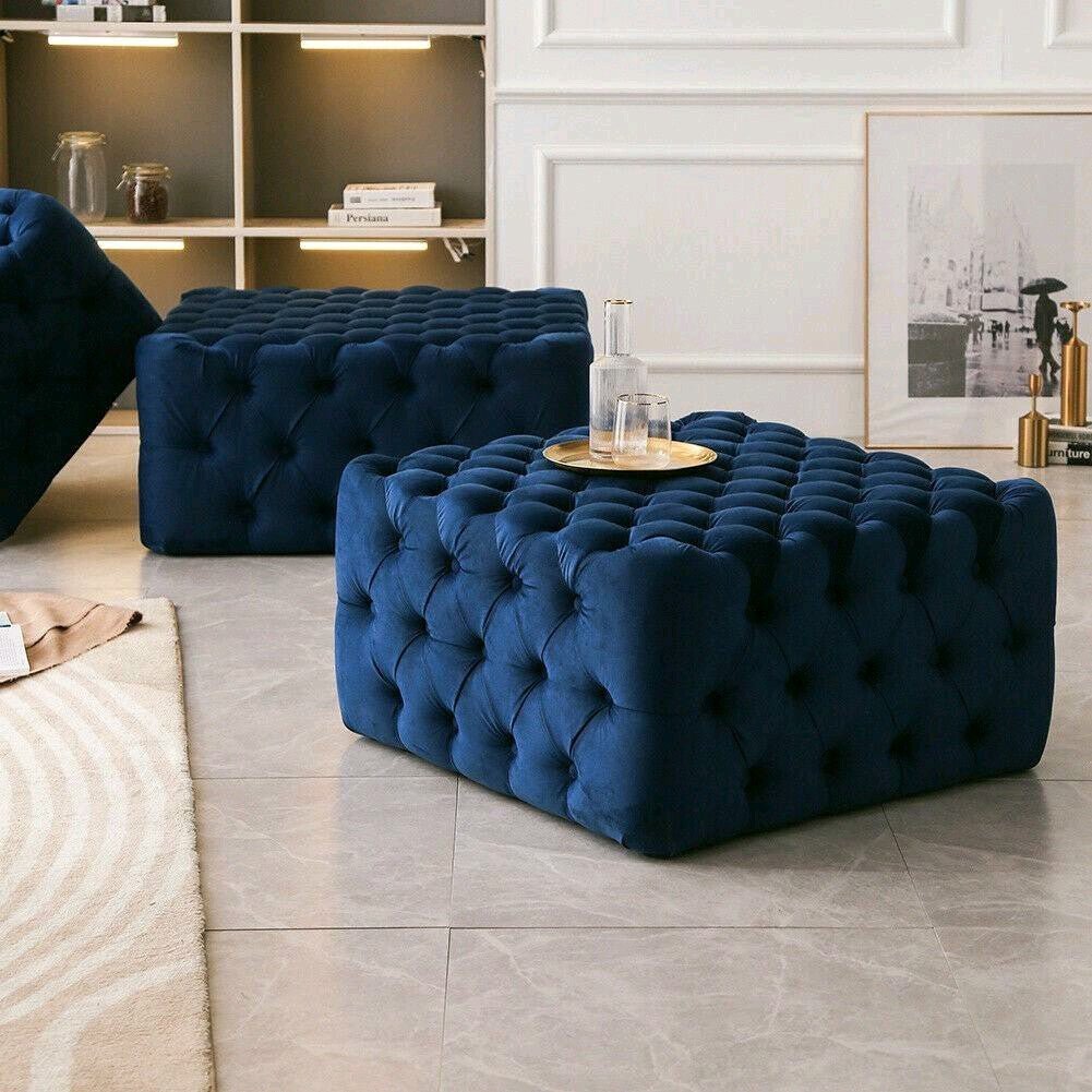 Footstool Chesterfield Velvet Navy Blue, [Squared] - MOOAZAA SHOP