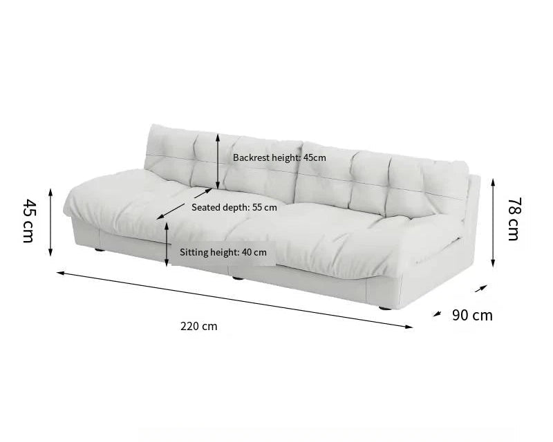 White sofa with dimensions labeled on a white background