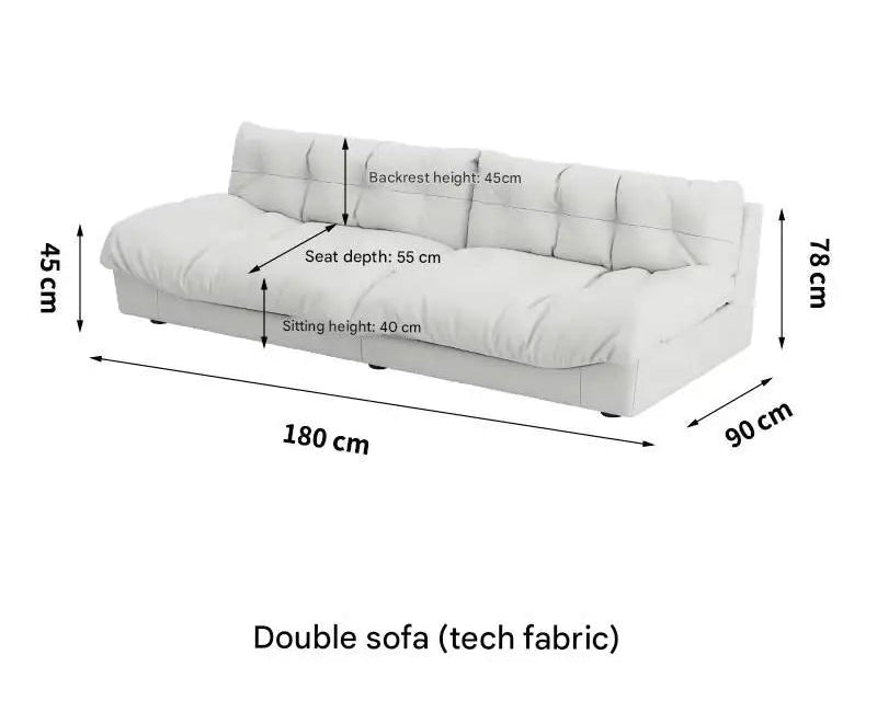 White double sofa with dimensions labeled on a white background