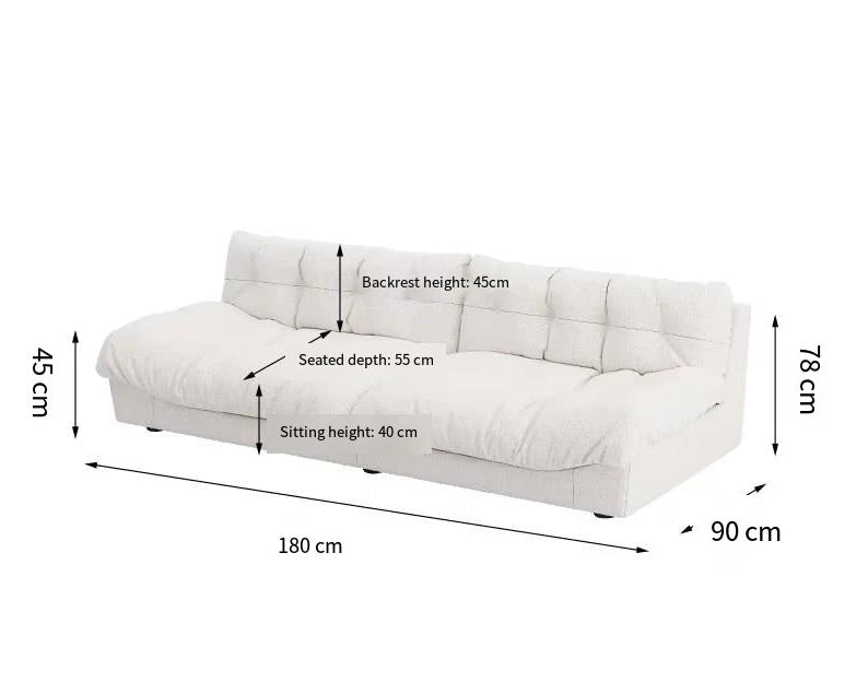White sofa with dimensions labeled on a white background