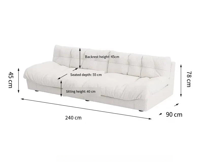 White sofa with dimensions labeled on a white background