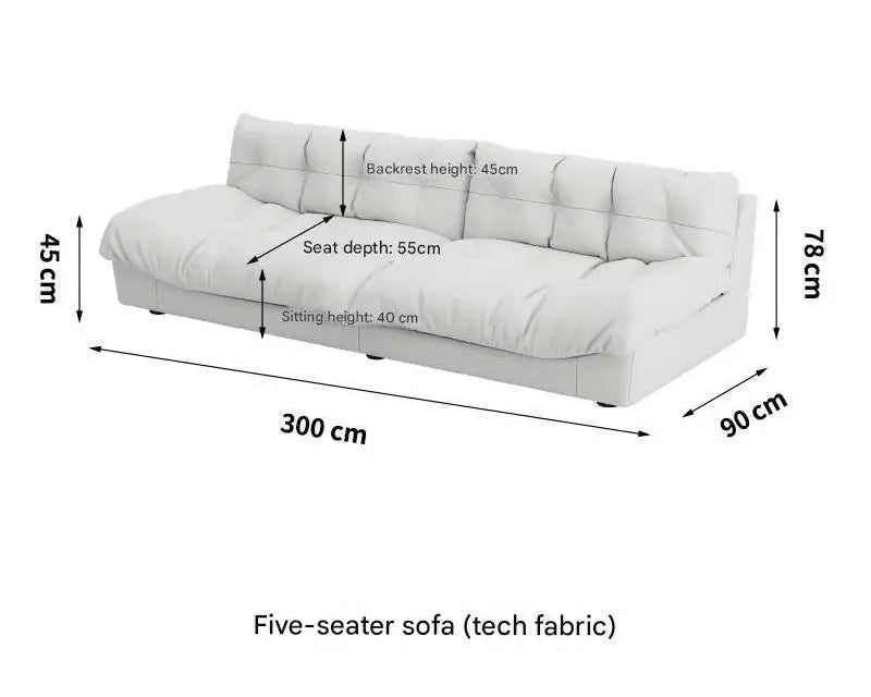 White five-seater sofa with dimensions labeled on a white background