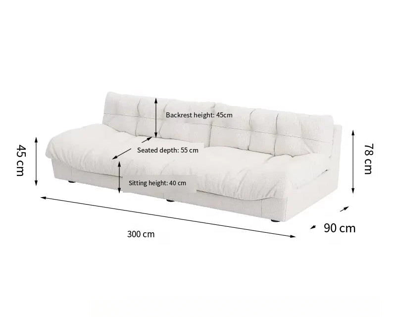 White sofa with dimensions labeled on a white background