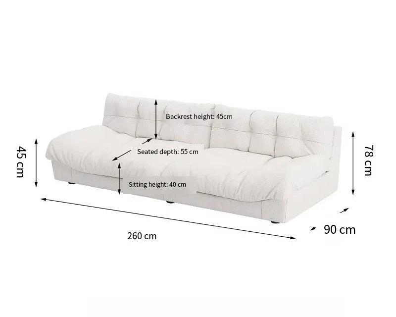 White sofa with dimensions labeled on a white background