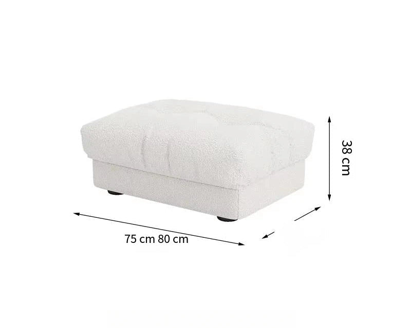 White ottoman with dimensions labeled on a white background