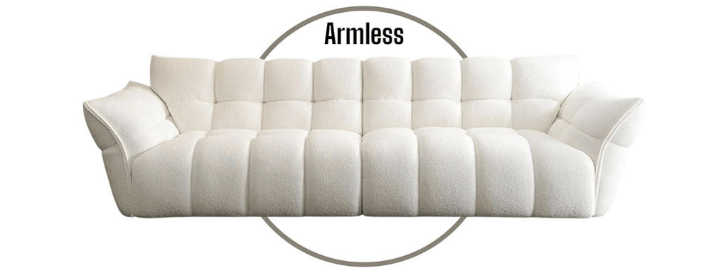 White sofa with 'Armless' branding on a white background