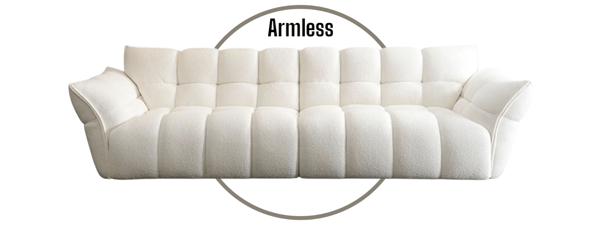 White sofa with 'Armless' branding on a white background