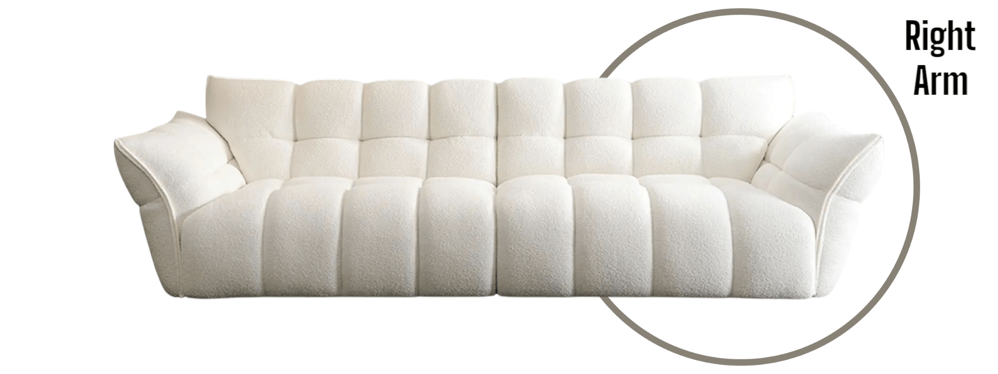 White sofa with a focus on the right armrest on a white background