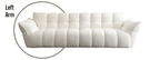 White sofa with a circular highlight on the left armrest against a white background