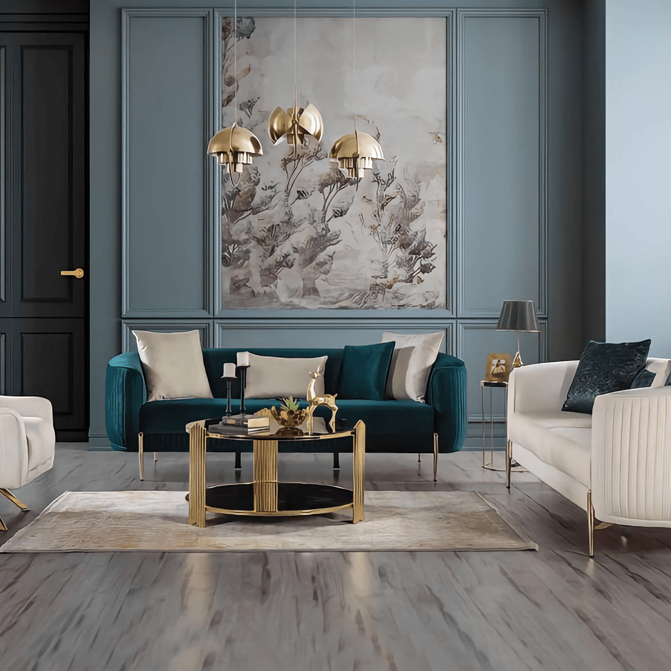 Modern living room with teal sofa, white armchair, and gold coffee table.