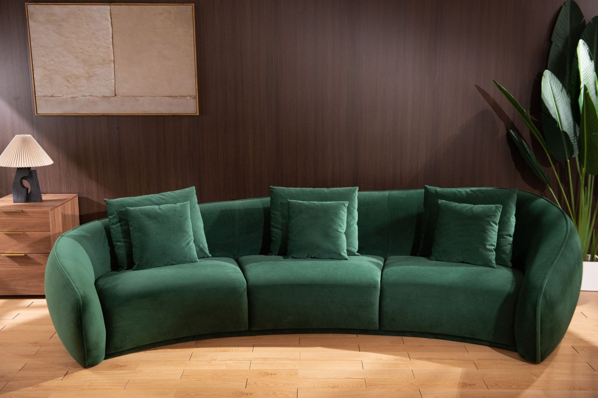 LUSAIL Curved Three - Seater Velvet Couch with Pillows - MOOAZAA