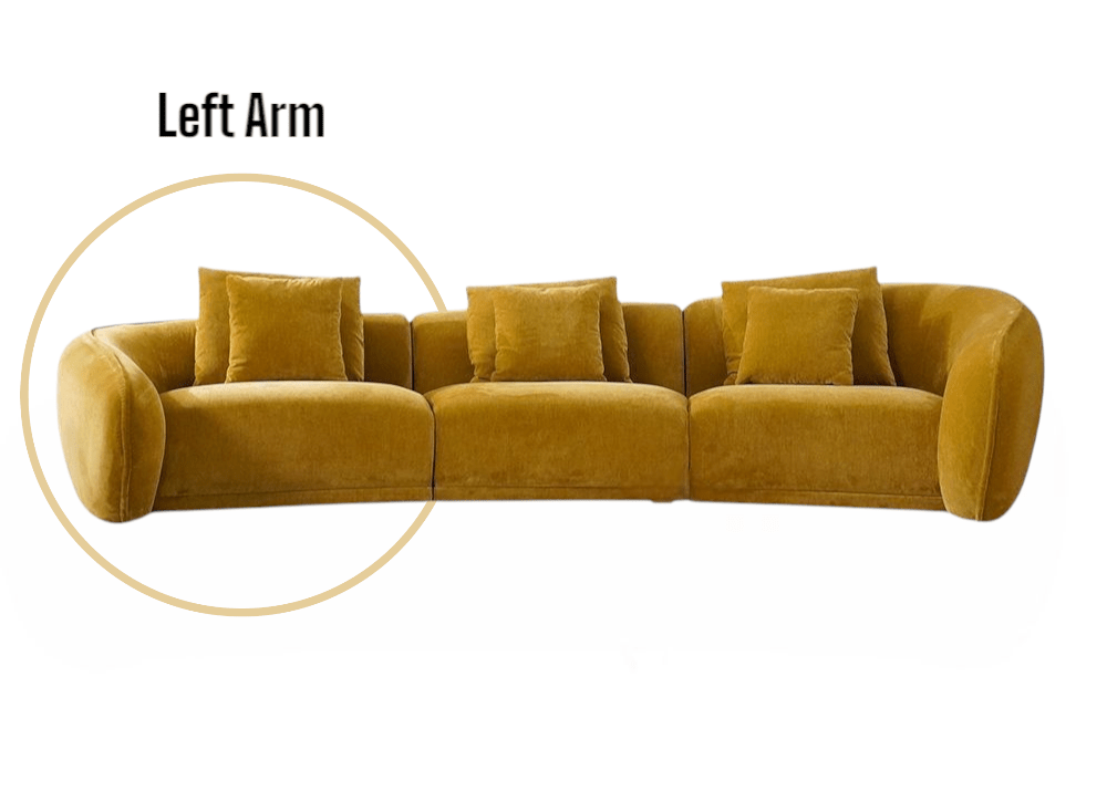 Mustard yellow sectional sofa with cushions on a white background