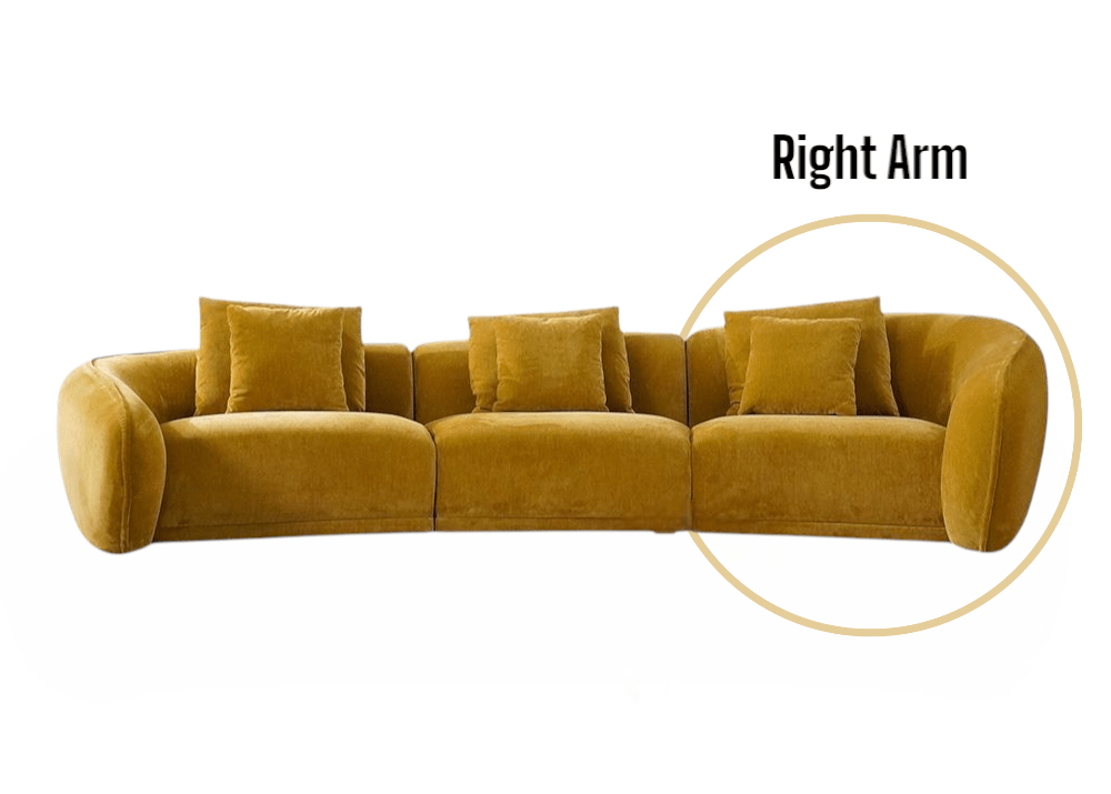 Gold sectional sofa with a focus on the right arm area on a white background
