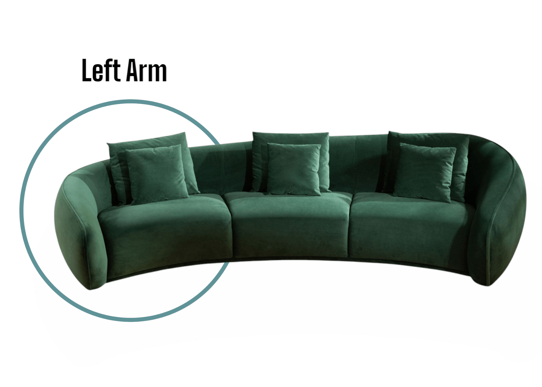 Green sectional sofa with cushions on a white background