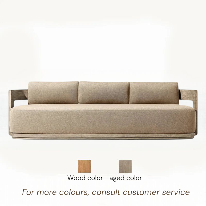Beige sofa with wood frame on a white background