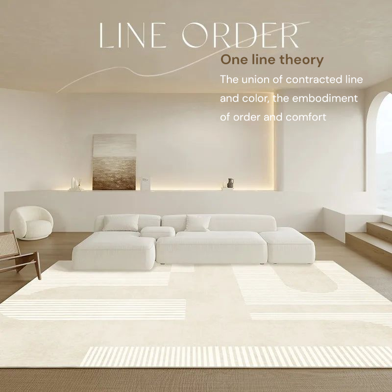 Modern living room with white sofa and minimal decor, featuring text about 'Line Order' theory.