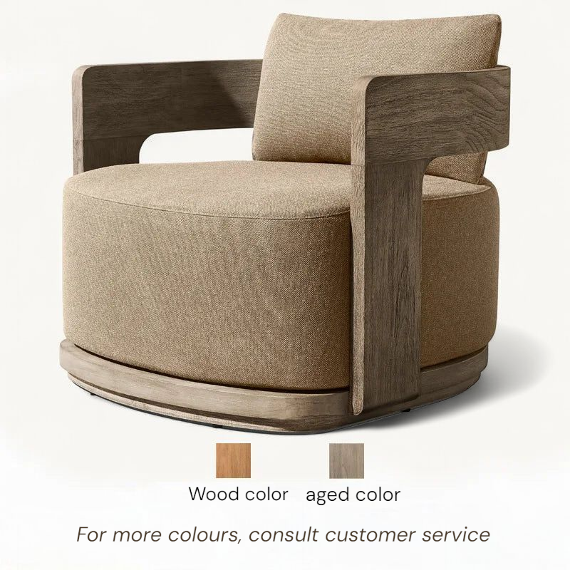 Beige armchair with wooden frame on a white background