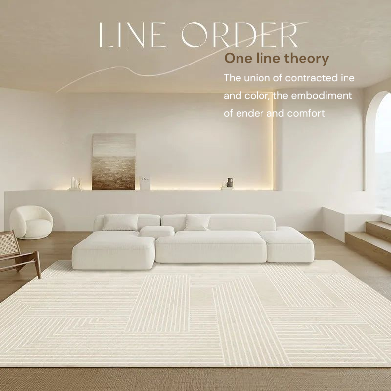 Modern living room with a white sofa and minimal decor, featuring text about 'Line Order' theory.