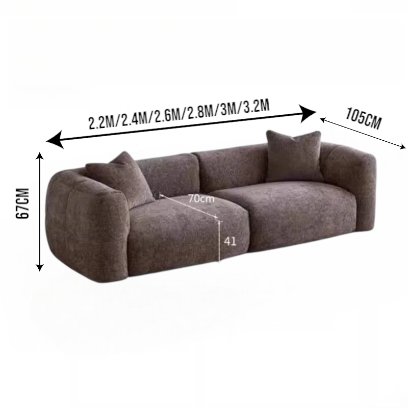 Gray sofa with dimensions marked on a white background