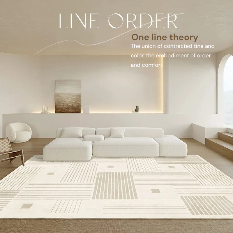 Modern living room with a white sofa and minimal decor, featuring the text 'LINE ORDER' and 'One line theory'.