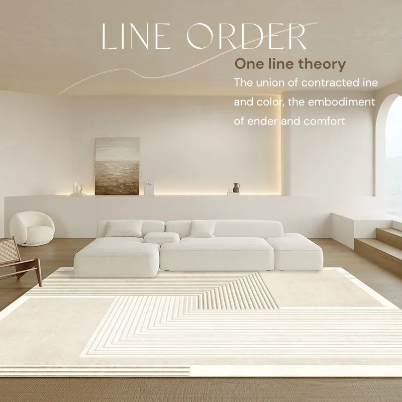Modern living room with a white sofa and minimal decor, featuring the text 'LINE ORDER' and 'One line theory'.