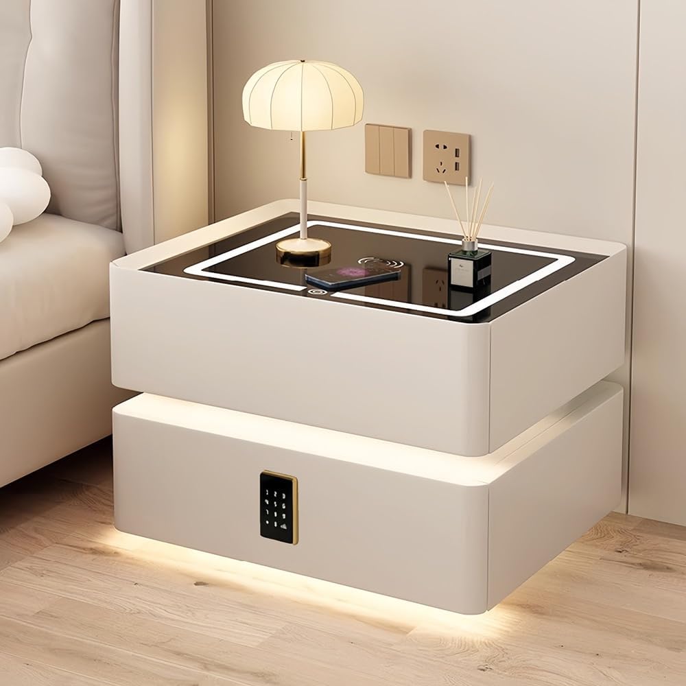 Smart Bedside Table, Modern Nightstand with LED Light & Charging Station - MOOAZAA