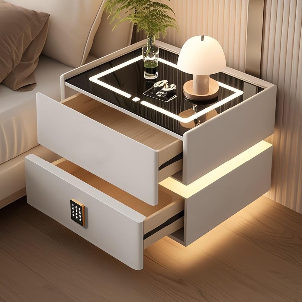 Smart Bedside Table, Modern Nightstand with LED Light & Charging Station - MOOAZAA