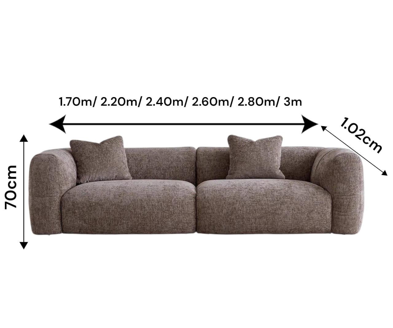 Brown sofa with dimensions indicated on a white background