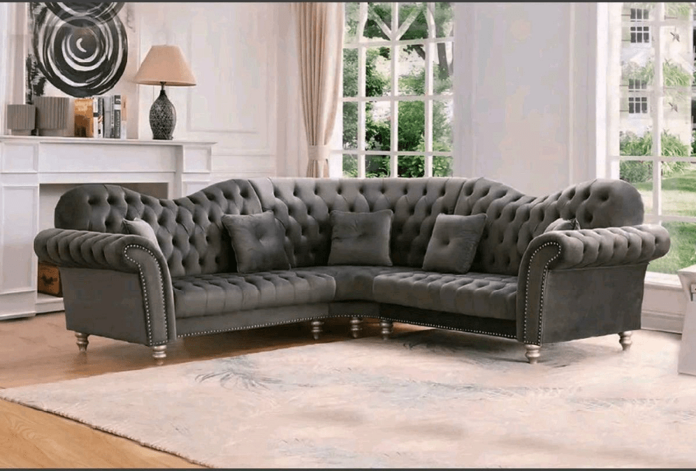 The Elegance Chesterfield Corner Sofas in Luxury Dark Grey Velvet, Immediate Delivery - MOOAZAA