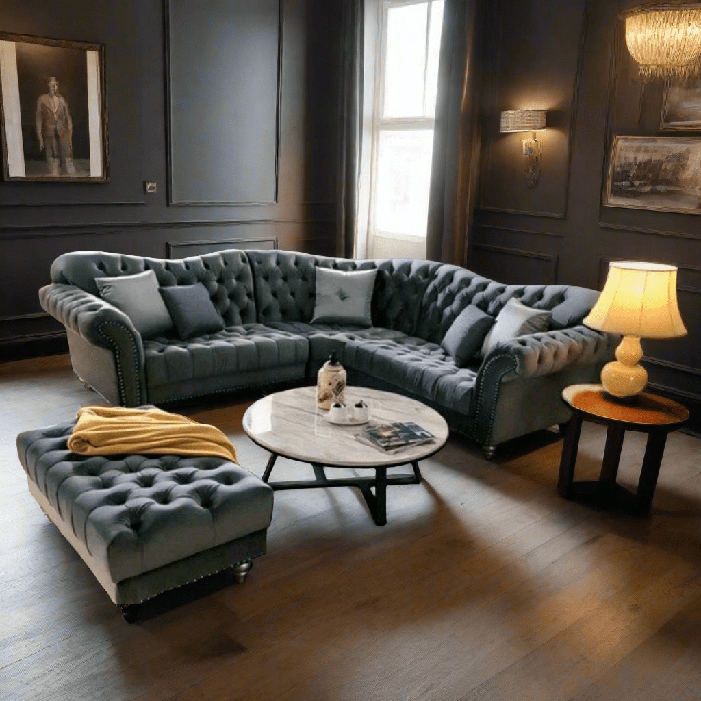 The Elegance Chesterfield Corner Sofas in Luxury Dark Grey Velvet, Immediate Delivery - MOOAZAA