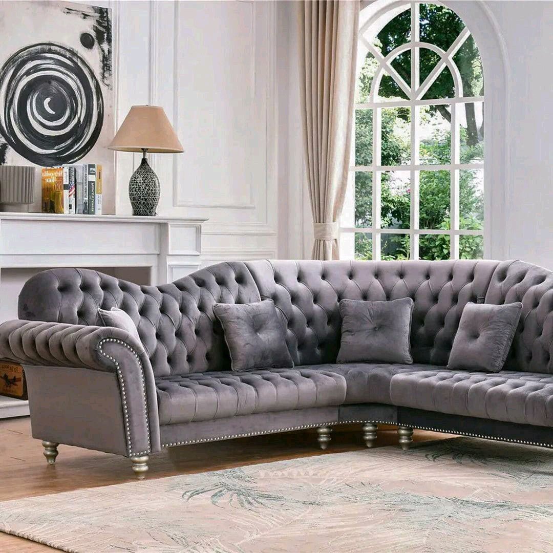 The Elegance Chesterfield Corner Sofas in Luxury Dark Grey Velvet, Immediate Delivery - MOOAZAA