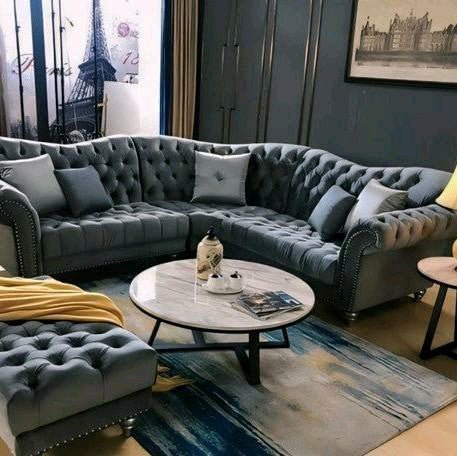 The Elegance Chesterfield Corner Sofas in Luxury Dark Grey Velvet, Immediate Delivery - MOOAZAA