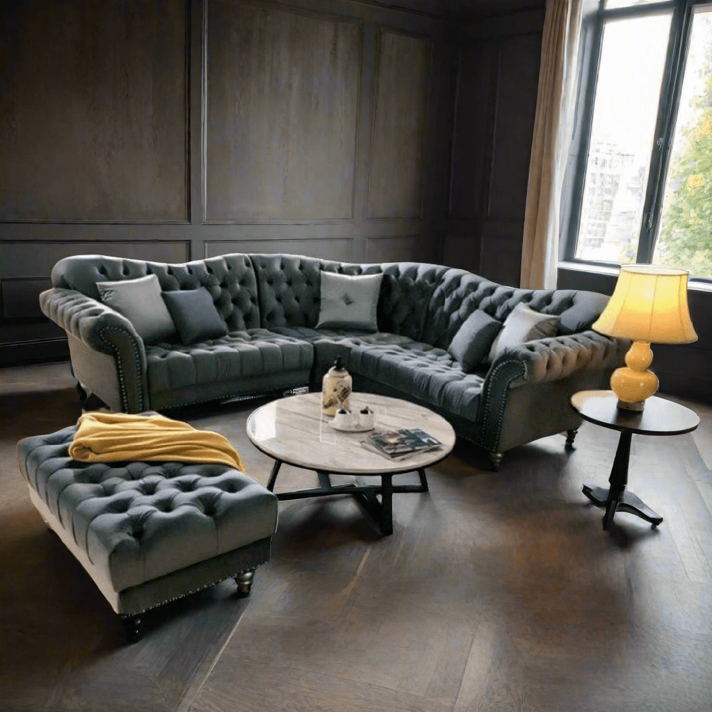 The Elegance Chesterfield Corner Sofas in Luxury Dark Grey Velvet, Immediate Delivery - MOOAZAA