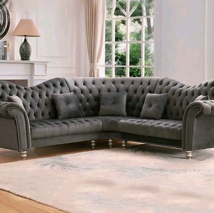 The Elegance Chesterfield Corner Sofas in Luxury Dark Grey Velvet, Immediate Delivery - MOOAZAA