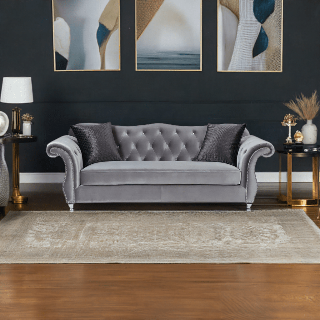 The New Chesterfield Sofas Sets in Luxury Grey Velvet, Express Delivery - MOOAZAA
