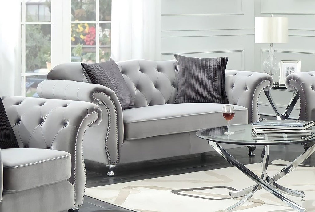 The New Chesterfield Sofas Sets in Luxury Grey Velvet,Express Delivery - MOOAZAA SHOP