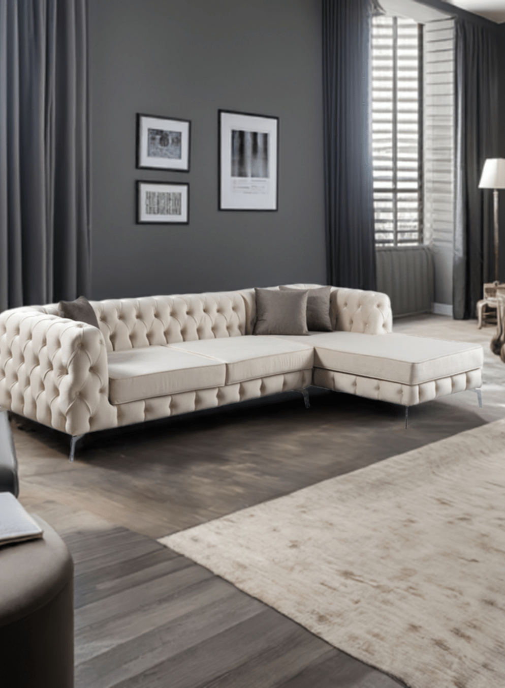 The Rocky Chesterfield Cream Velvet Corner Sofa - MOOAZAA SHOP