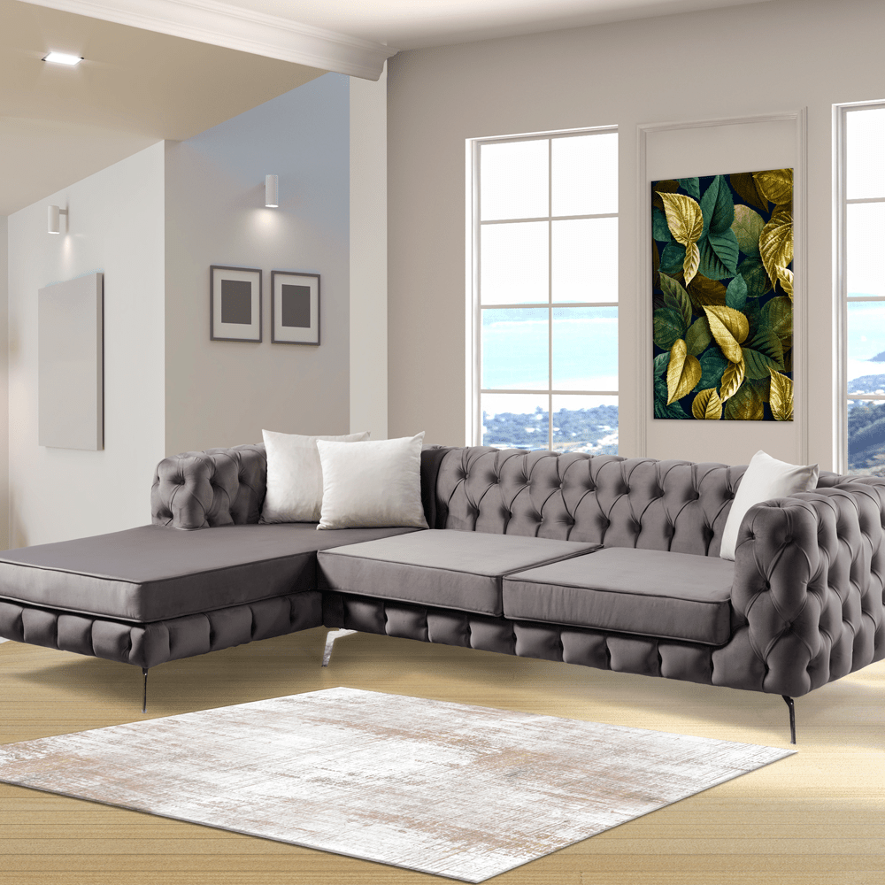 The Rocky Chesterfield Dark Grey Velvet Corner Sofa - MOOAZAA