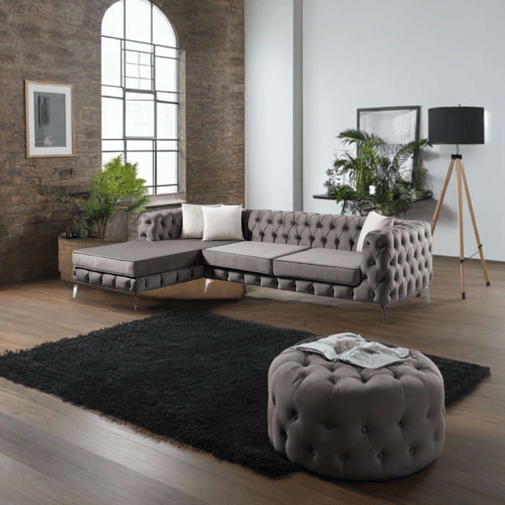 The Rocky Chesterfield Dark Grey Velvet Corner Sofa - MOOAZAA