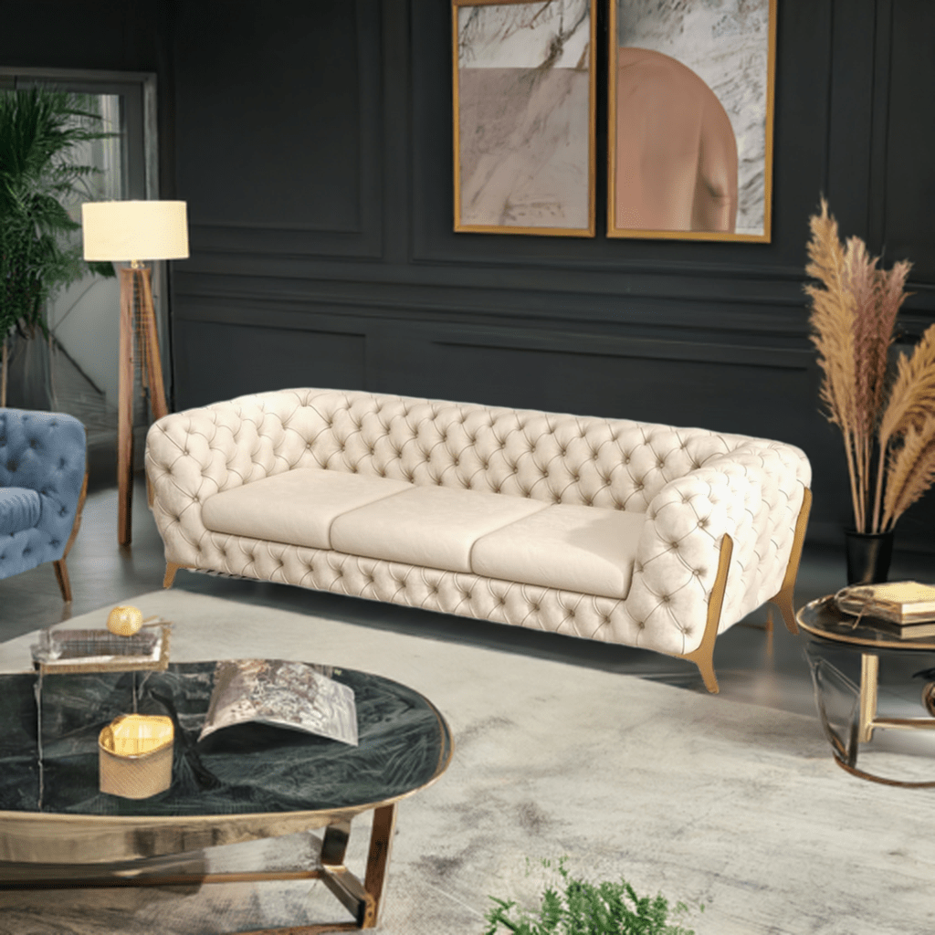 The Rocky Chesterfield Sofas Sets in Luxury Cream Velvet - MOOAZAA
