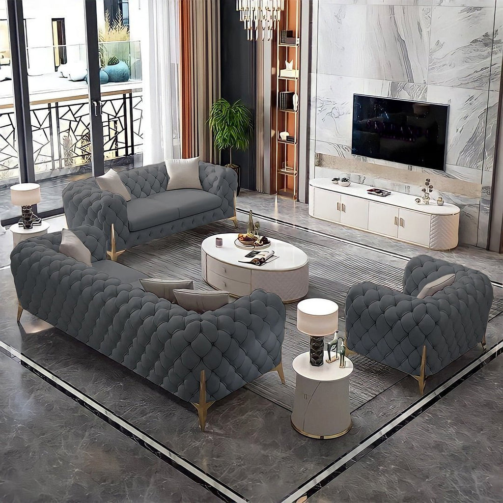 The Rocky Chesterfield Sofas Sets in Luxury Grey Leather - MOOAZAA