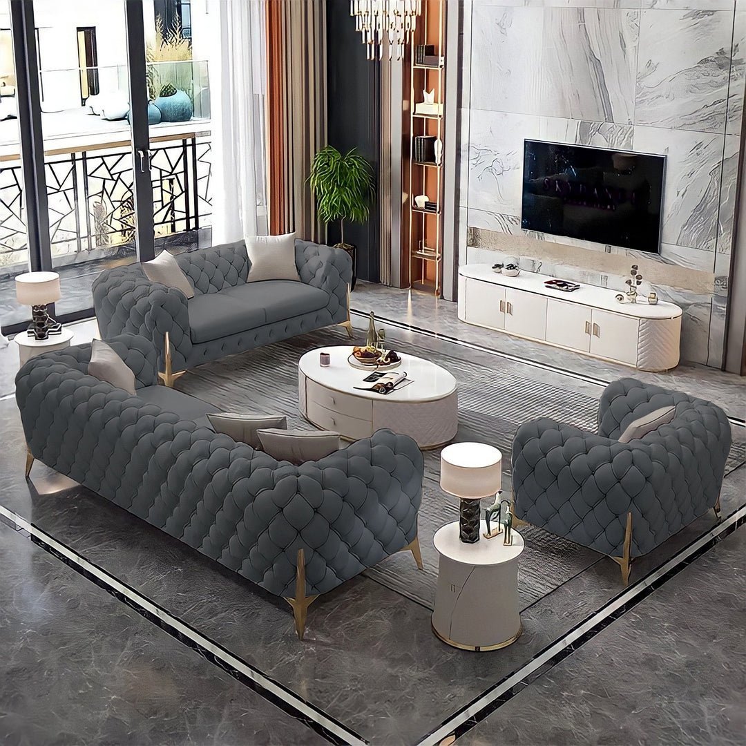 The Rocky Chesterfield Sofas Sets in Luxury Grey Leather - MOOAZAA