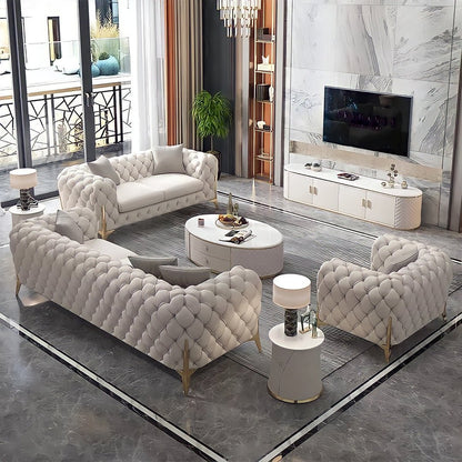 The Rocky Chesterfield Sofas Sets in Luxury Light Cream Leather - MOOAZAA SHOP