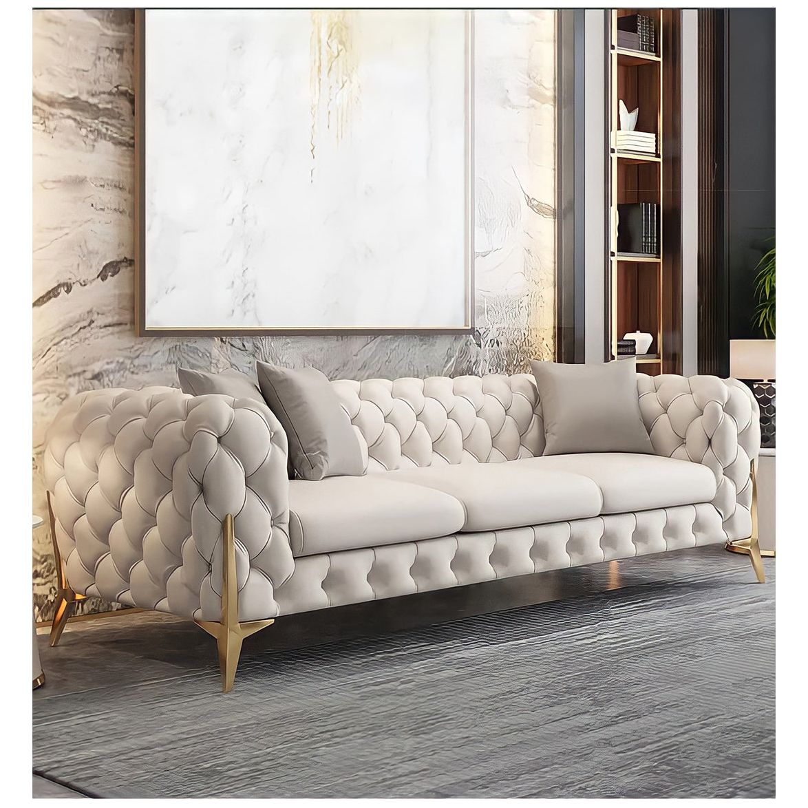 The Rocky Chesterfield Sofas Sets in Luxury Light Cream Leather - MOOAZAA SHOP