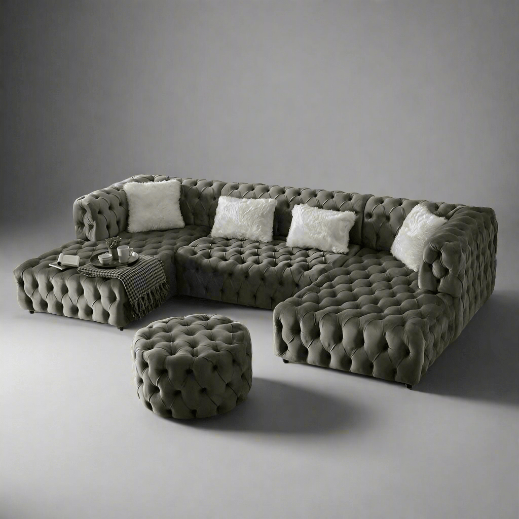 The U - Shaped Rocky Chesterfield Dark Grey Velvet Corner Sofa - MOOAZAA
