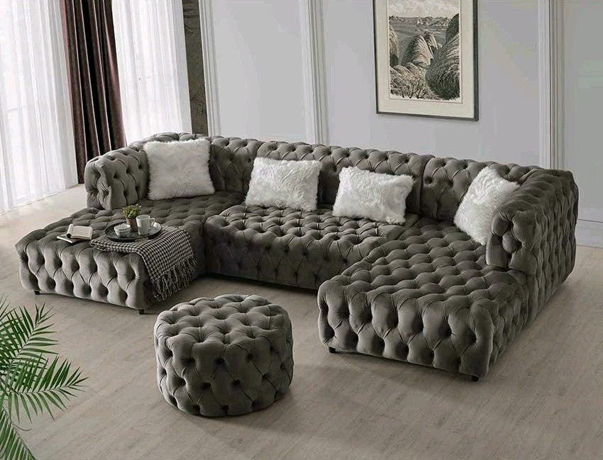 The U - Shaped Rocky Chesterfield Dark Grey Velvet Corner Sofa - MOOAZAA