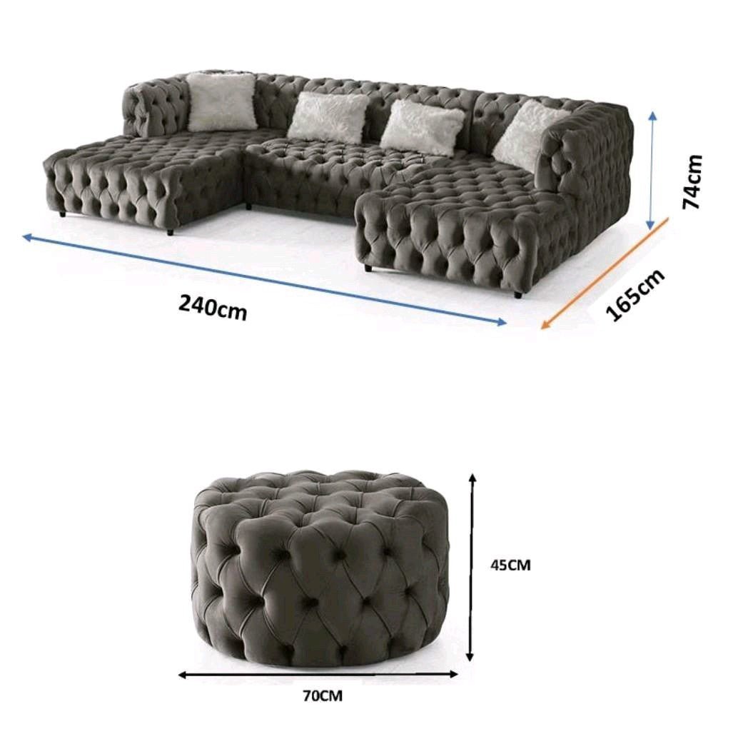 The U - Shaped Rocky Chesterfield Dark Grey Velvet Corner Sofa - MOOAZAA