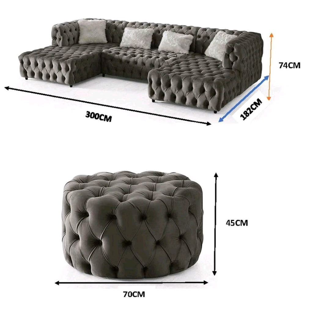 The U - Shaped Rocky Chesterfield Dark Grey Velvet Corner Sofa - MOOAZAA