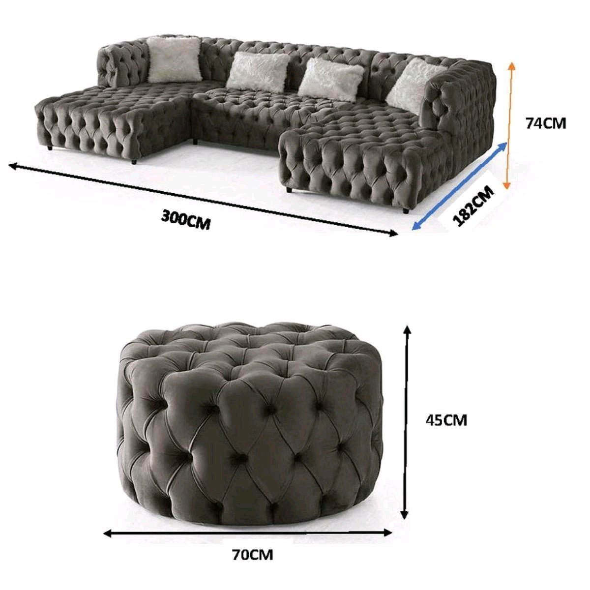 The U - Shaped Rocky Chesterfield Dark Grey Velvet Corner Sofa - MOOAZAA