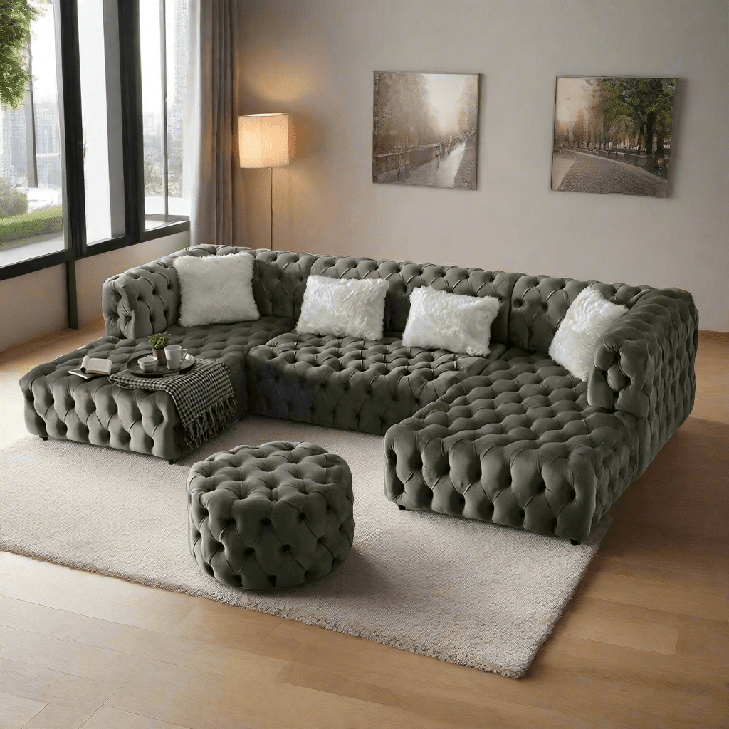 The U - Shaped Rocky Chesterfield Dark Grey Velvet Corner Sofa - MOOAZAA